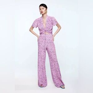 Zara Floral Print Flared Pants Pink high waisted pants